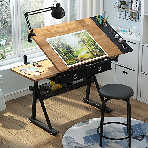 Verstellbarer Zeichentisch mit Hocker, Bambus/Massivholz, Kunstschreibtisch, neigbar, Zeichentisch mit Stauraum und Schubladen, perfekt für Künstler und Designer Verstellbarer Zeichentisch mit Hocker, Bambus/Massivholz, Kunstschreibtisch, neigbar, Zeichentisch mit Stauraum und Schubladen, perfekt für Künstler und Designer von Generisch
