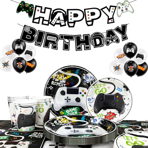 Video Gamer Birthday Party Decorations Videospiele Party Geschirr Set Videospiel Teller Becher Luftballons Banner Tischdecke etc... von Generisch