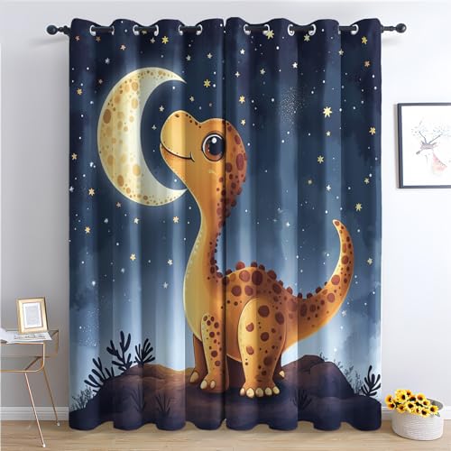 Vorhänge Dinosaurier - Kinder Sternenhimmel Fenster Gardinen mit Ösen, Vorhang Blickdicht Verdunklungsvorhänge Thermovorhang für Wohnzimmer Schlafzimmer Deko 2er Set, H 175 x B 140 cm N-#171 von Generisch