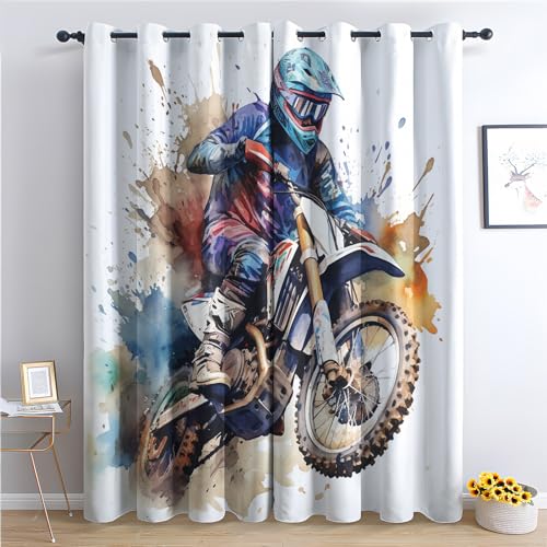 Vorhänge Dirt Bike - Jungen Motocross-Fahrer Fenster Gardinen mit Ösen, Vorhang Blickdicht Verdunklungsvorhänge Thermovorhang für Wohnzimmer Schlafzimmer Deko 2er Set, H 160 x B 140 cm G&-235 von Generisch