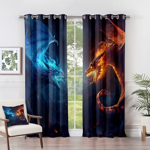 Vorhänge Drachen - EIS Feuer Fantastische Spiele Fenster Gardinen mit Ösen, Vorhang Blickdicht Verdunklungsvorhänge Thermovorhang für Wohnzimmer Schlafzimmer 2er Set, H 175 x B 140 cm F#-259 von Generisch