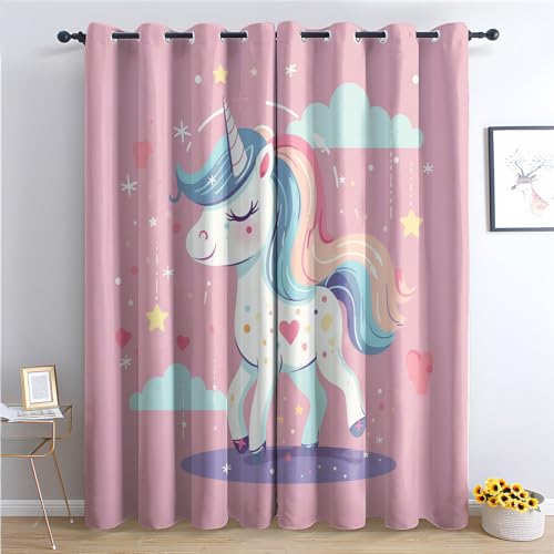 Vorhänge Einhorn - Kinder Mädchen Süße Rosa Fenster Gardinen mit Ösen, Vorhang Blickdicht Verdunklungsvorhänge Thermovorhang für Wohnzimmer Schlafzimmer Deko 2er Set, H 175 x B 140 cm T-&149 von Generisch