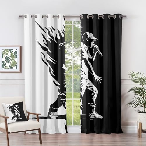 Vorhänge Jungen - Hip Hop Musical Schwarz Weiß Fenster Gardinen mit Ösen, Vorhang Blickdicht Verdunklungsvorhänge Thermovorhang für Wohnzimmer Schlafzimmer Deko 2er Set, H 260 x B 140 cm L#-307 von Generisch