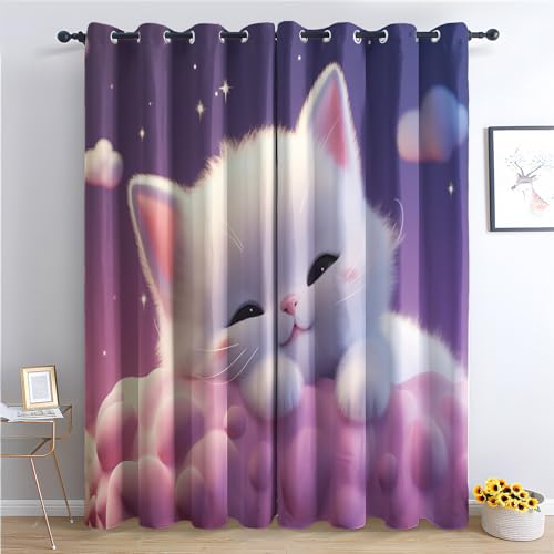 Vorhänge Katze - Kinder Mädchen Süße Kätzchen Fenster Gardinen mit Ösen, Vorhang Blickdicht Verdunklungsvorhänge Thermovorhang für Wohnzimmer Schlafzimmer Deko 2er Set, H 175 x B 140 cm Q-&259 von Generisch