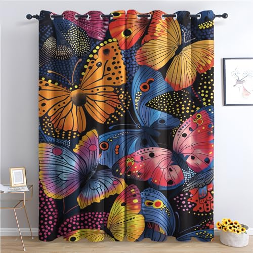 Vorhänge Schmetterling - Mädchen Bunte Motte Fenster Gardinen mit Ösen, Vorhang Blickdicht Verdunklungsvorhänge Thermovorhang für Wohnzimmer Schlafzimmer Deko 2er Set, H 200 x B 140 cm G&-205 von Generisch