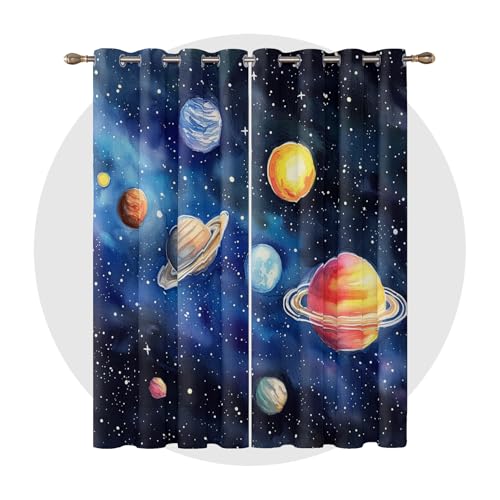 Vorhänge Weltraum - Cartoon Planeten Galaxie Fenster Gardinen mit Ösen, Vorhang Blickdicht Verdunklungsvorhänge Thermovorhang für Wohnzimmer Schlafzimmer Deko 2er Set, H 220 x B 140 cm B-#52 von Generisch