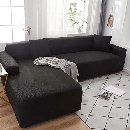 Wasserdichter L-förmiger Sofabezug, Stretch, elastisch, Couch-Schonbezug, weich, bequem, Fleecestoff, universelles modernes Design für Wohnzimmer, pflegeleicht, schwarz, 3-Sitzer, 190 x 230 cm von Generisch