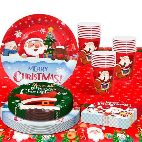 Weihnachten Partygeschirr, 113 Pcs Weihnachtspapier Partygeschirr Set - Weihnachtsparty Pappteller, Servietten Weihnachten & Weihnachts Tischdecke etc von Generisch