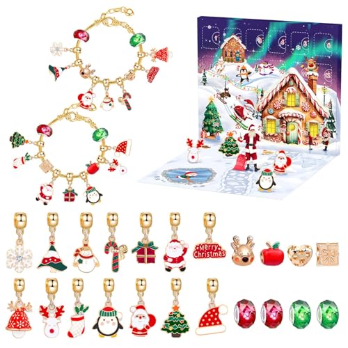 Weihnachts-Adventskalender-Armbänder, Adventskalender 2024 für Mädchen - 2024 Charm-Armbänder-Set,22 Charm-Perlen, 2 Armbänder, Schmuckherstellungsset, Advents-Countdown-Kalender, 24-Tage-Countdown fü von Generisch