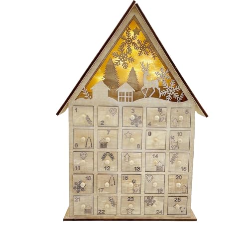 Weihnachts Adventskalender aus Holz, Adventskalender Haus mit Schubladen und LED-Lichtern, 24-Tage-Weihnachts-Countdown-Kalender zum Selbstbefüllen, wiederverwendbare Weihnachtsdekoration von Generisch