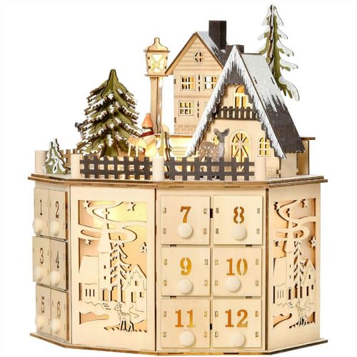 Weihnachts-Adventskalender aus Holz, LED-Spieluhr, DIY-Adventskalender aus Holz mit 24 Schubladen, Weihnachtsbaumhaus-Adventskalender, wiederverwendbarer Adventskalender mit Weihnachtsbaum, von Generisch