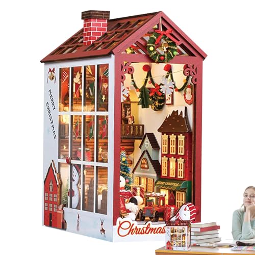 Weihnachts-Buchecke, Festival-Buchecke-Set | Miniatur-Buch-Nook-Bastelset,Gebäude Puppenhaus Buchstützen, 3D Holzpuzzle Miniaturhaus für Weihnachtsferien von Generisch