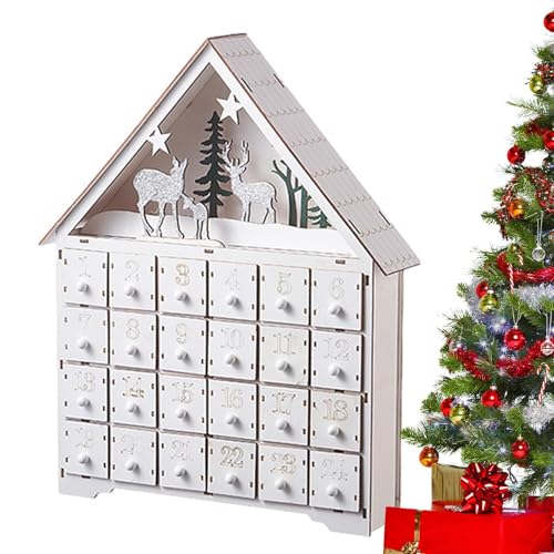 Weihnachts-Countdown-Kalender aus Holz | Weißer Weihnachts-Countdown mit 24 Schubladen und LED-Lichtern | Tischdekoration, Weihnachts-Countdown-Dekoration von Generisch