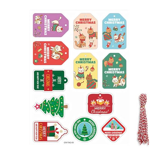 Weihnachts-Geschenkanhänger mit Schnur, 12 Stile "Merry Christmas", Kraftpapier, Geschenkanhänger zum Aufhängen, Etiketten für Weihnachten, Geschenkpapier, DIY, Weihnachtsgeschenk, 60 Stück von Generisch