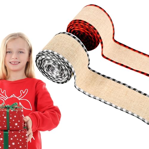 Weihnachts-Geschenkband, Weihnachts-Bastelband, 2 Rollen kariertes Bauernhaus-Bastelband mit Drahtrand, 6 Yards Bastelfolie, Weihnachtsbaumfolie für Schleifenkranz-Dekoration von Generisch