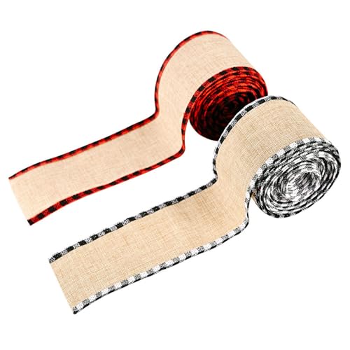 Weihnachts-Geschenkband, Weihnachts-Bastelband,2 Rollen karierte Weihnachtsstoffbänder mit Drahtrand - 6 Yards Weihnachtsstoffbänder, Weihnachtsdekorbänder für die Weihnachtsdekoration von Generisch