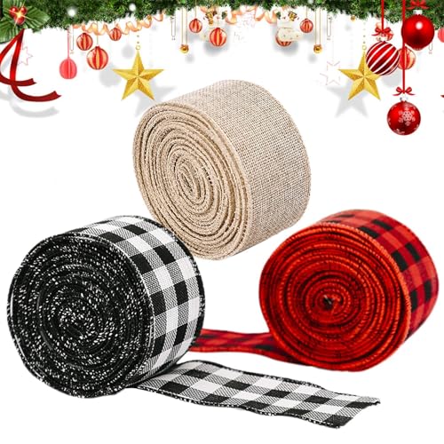 Weihnachts-Geschenkband, Weihnachtsband zum Basteln | Drahtgebundenes Sackleinen-Kranzband für Weihnachtsbaum,6,5 Yard Weihnachtsbandrolle, multifunktionales dekoratives Band für Schleifen, Kränze, Ve von Generisch