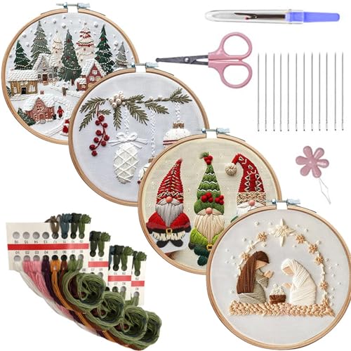 Weihnachts-Stickset, Handstickerei-Set, Anfänger-Stickset für Erwachsene, Handstickerei-Starter-Kits mit geprägter Stickerei, Weihnachtsmuster für Dekoration, Zuhause, 4 Stück von Generisch