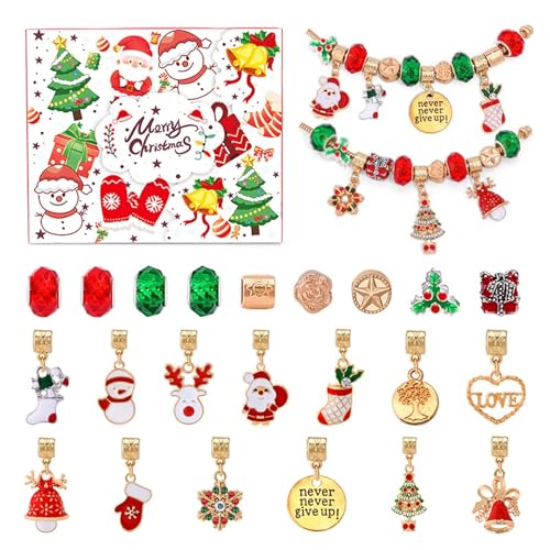 Weihnachtsarmband Adventskalender,Adventskalender-Armband - 24 Gitter Weihnachts-Adventskalender-Bastelset | Weihnachts-Schmuckherstellungsset, Countdown-Kalender, Halsketten-Armband-Set für Kinder von Generisch