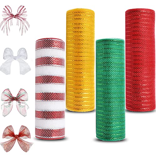 Weihnachtsband-Set, 4 Rollen, 25,4 cm x 40 m, rot-grün-weiße Streifen, metallisches Glitzerband für Weihnachtsdekoration, Netz, Bastelarbeiten, Kränze und mehr von Generisch