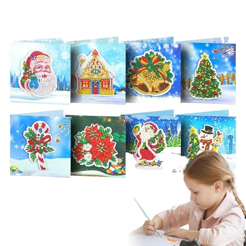 Weihnachtsgrußkarte, 8 Stück, handgefertigte Karten, Malset, runde Kristallkunst, Urlaubspostkarte, Weihnachtskarten-Set mit Umschlägen für Kinder, Erwachsene von Generisch