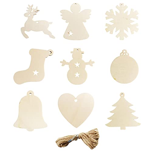 Weihnachtsholzscheiben,Blanko Holzausschnitte Baumschmuck - Vorgebohrter Geschenkanhänger mit Elchglocke und Seilen, Weihnachtsmann-Schneemann-Dekorationen für Kinder-Bastelarbeiten von Generisch