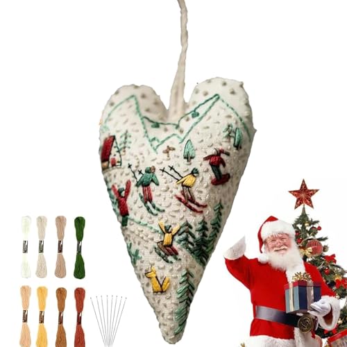 Weihnachtsmotiv Herz Nadelspitzen Sets,Weihnachtsdekoration Mit Herzstickerei Zum Selbermachen,Stickerei Anfänger Kit,Herz Stickset, Gestempeltes Nadelspitzen-Anfängerset, Bestickter Baumanhänger von Generisch