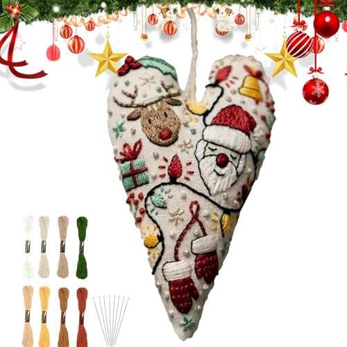 Weihnachtsmotiv Herz Nadelspitzen Sets,Weihnachtsdekoration Mit Herzstickerei Zum Selbermachen,Stickerei Anfänger Kit,Herz Stickset, Gestempeltes Nadelspitzen-Anfängerset, Bestickter Baumanhänger von Generisch