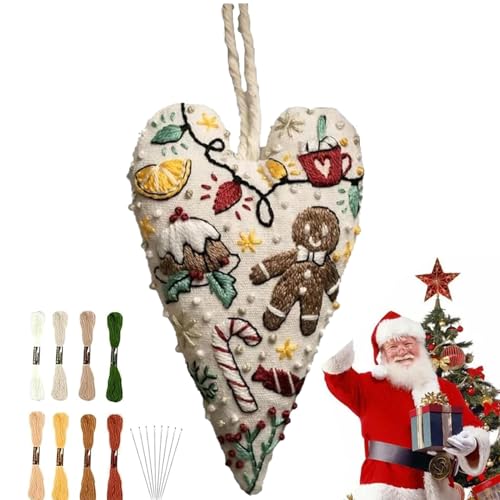 Weihnachtsmotiv Herz Nadelspitzen Sets,Weihnachtsdekoration Mit Herzstickerei Zum Selbermachen,Stickerei Anfänger Kit,Herz Stickset, Gestempeltes Nadelspitzen-Anfängerset, Bestickter Baumanhänger von Generisch