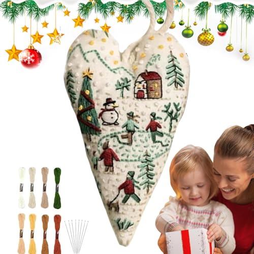 Weihnachtsmotiv Herz Nadelspitzen Sets,Weihnachtsdekoration Mit Herzstickerei Zum Selbermachen,Stickerei Anfänger Kit,Herz Stickset, Gestempeltes Nadelspitzen-Anfängerset, Bestickter Baumanhänger von Generisch