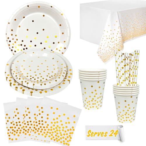 Weiß und Gold Partygeschirr, 193pcs Weißgold Partygeschirr Set Kindergeburtstag Weiß und Gold Dot Partyteller, Weiß-goldene Pappbecher Tischdecken von Generisch