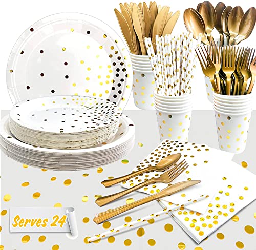 Weiß und Gold Partygeschirr, 193pcs Weißgold Partygeschirr Set Kindergeburtstag Weiß und Gold Dot Partyteller, Weiß-goldene Pappbecher Tischdecken von Generisch