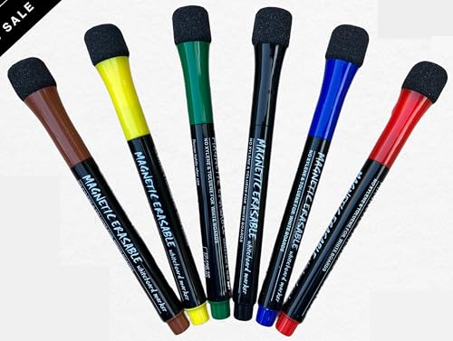 Whiteboard Marker Set, Markeerstift magnetische Farbstifte mit Schwammradierer und feiner Rundspitze, 1–2 mm, trocken abwischbare Marker für Magnettafeln, Papier, Kühlschrank, Flipchart (6 Farben) von Generisch