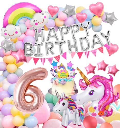 XXL Einhorn Unicorn Set Girls 6 Jahre Mädchen Deko Pastell 6. Party Deco ballon Rosegold 6 100 cm Rainbow Folienballon Pink Banner 6 Kindergeburtstag herz stern Girlande unicorn Birthday (Zahl 6) von Generisch