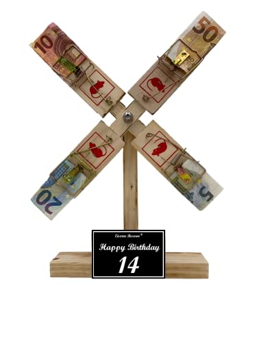 Originelle lustige Geldgeschenke zum 14. Geburtstag Geschenkideen für Jungen und Mädchen - Eiserne Reserve Windmühle - Geschenkverpackung aus Holz -s- Happy Birthday 14 von Genial-Anders