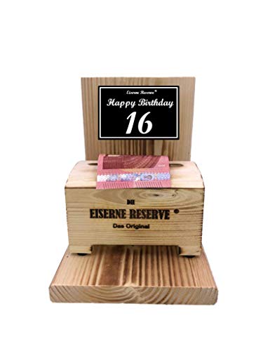 Originelle lustige Geldgeschenke zum 16. Geburtstag Geschenkideen für Männer und Frauen - Eiserne Reserve Geldbox - Text s/w Happy Birthday 16 Geburtstag von Genial-Anders