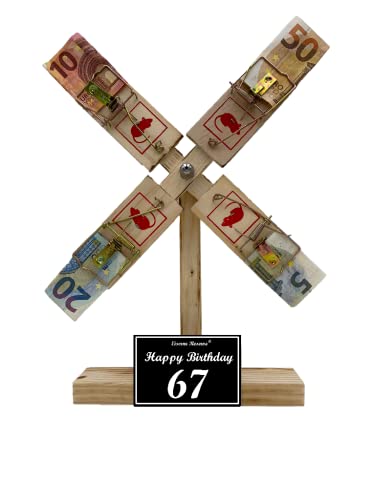 Originelle lustige Geldgeschenke zum 67. Geburtstag Geschenkideen für Männer und Frauen - Eiserne Reserve Windmühle - Geschenkverpackung aus Holz -s- Happy Birthday 67 von Genial-Anders