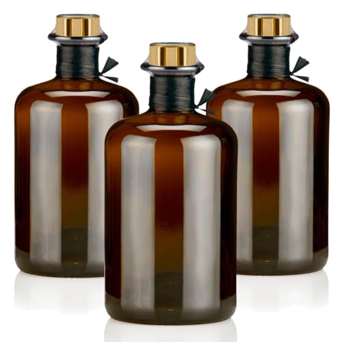 3 Apothekerflaschen braun 500ml leer schwarz antik Profiset Korken gold, Flaschenkapseln & Geschenkband, Braunglas Flaschen 0,5L für Öl, Gin, Kräuter Schnaps uvm. von Geniess-Bar!