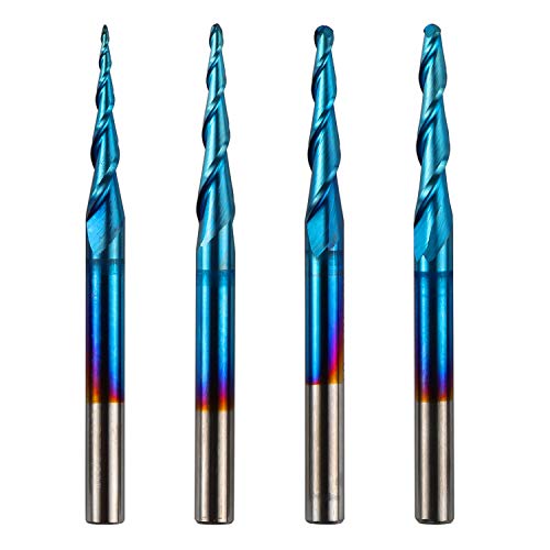 Genmitsu 4 Stück 2-Nuten- Kugelkopffräser mit konischer Spitze, Vollhartmetallfräser mit Nano Blue-Beschichtung, R0,25mm-1,0mm, 3,175mm (1/8 Zoll) Schaft, TB04A von Genmitsu