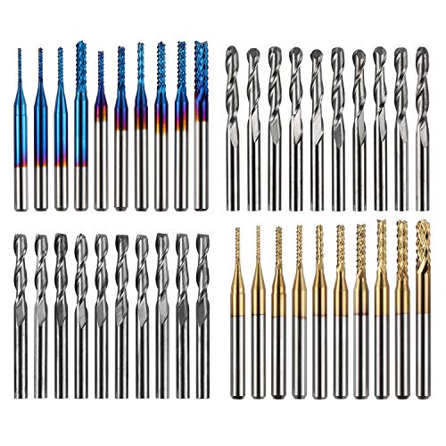 Genmitsu Schaftfräser-Satz mit insgesamt 40 CNC Router Bits, 3,175mm (1/8") Schaft, CNC Fräser-Satz mit 2-Nuten Flach- als auch Kugelkopffräsern, Nano Blue Beschichtung & Titan Beschichtung, MC40A von Genmitsu