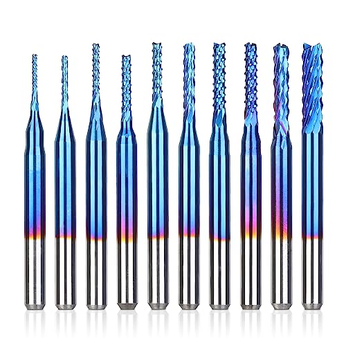 SainSmart Genmitsu 10Pcs Nano Blue Coat Schaftfräser-Satz CNC Fräser für Holz PVC Aluminium, 0,8-3 mm, 1/8 "Schaft von sainsmart