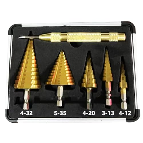 Genossen Stufenbohrer Set, 6 Pcs HSS Stufenbohrer Set, 5 Stück Kegelbohrer（4-12mm, 3-13mm, 4-20mm, 4-32mm, 5-35mm）und 1 automatischer Zentralstempel 13cm, konischer Schneidbohrer, Titanbeschichtung von Genossen