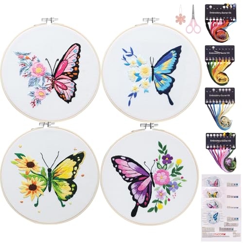 Genround sticken set erwachsene, 4 set, embroidery kit, kreuzstich set, Stickset für Anhänger, Inklusive stickrahmen Butterfly Pattern Reifen Farbfäden, Easy to Follow Anleitung Video von Genround