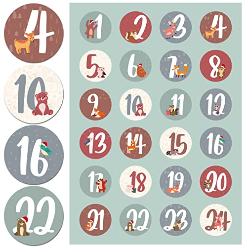 Adventskalender Aufkleber (Zahlen 1-24) - Sticker für Kalender zum selber basteln für Weihnachten - Adventskalenderzahlen Etiketten selbstklebend - Zahlenaufkleber - Nummern für Papiertüten - Rund von Gentle North