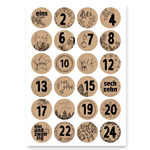 Adventskalender Aufkleber (Zahlen 1-24) - Sticker für Kalender zum selber basteln für Weihnachten - Adventskalenderzahlen Etiketten selbstklebend - Zahlenaufkleber - Nummern für Papiertüten - Rund von Gentle North