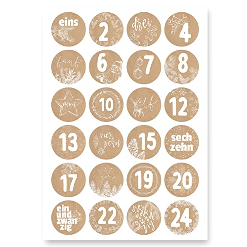 Adventskalender Aufkleber (Zahlen 1-24) - Sticker für Kalender zum selber basteln für Weihnachten - Adventskalenderzahlen Etiketten selbstklebend - Zahlenaufkleber - Nummern für Papiertüten - Rund von Gentle North