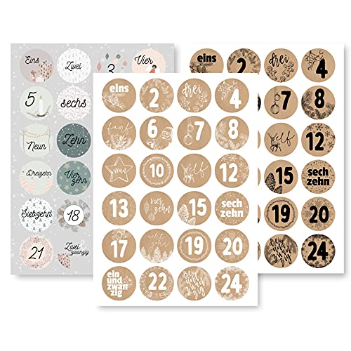 Adventskalender Aufkleber Set (Zahlen 1-24) - 3 x 24 Sticker für Kalender zum selber basteln für Weihnachten - Adventskalenderzahlen Etiketten selbstklebend - Zahlenaufkleber - Nummern Papiertüten von Gentle North