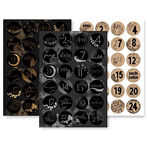 Adventskalender Aufkleber Set (Zahlen 1-24) - 3 x 24 Sticker für Kalender zum selber basteln für Weihnachten - Adventskalenderzahlen Etiketten selbstklebend - Zahlenaufkleber - Nummern Papiertüten von Gentle North