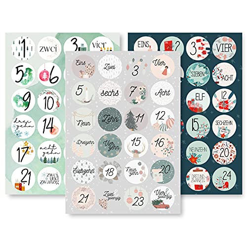 Adventskalender Aufkleber Set (Zahlen 1-24) - 3 x 24 Sticker für Kalender zum selber basteln für Weihnachten - Adventskalenderzahlen Etiketten selbstklebend - Zahlenaufkleber - Nummern Papiertüten von Gentle North