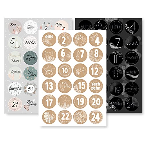 Adventskalender Aufkleber Set (Zahlen 1-24) - 3 x 24 Sticker für Kalender zum selber basteln für Weihnachten - Adventskalenderzahlen Etiketten selbstklebend - Zahlenaufkleber - Nummern Papiertüten von Gentle North